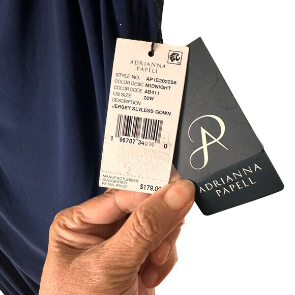 Adrianna Papell Size 20W Midnight Blue Jersey Sleeveless Gown With Draped Detail - Picture 15 of 16